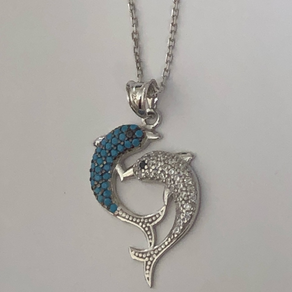 925 Silver dolphin necklace turquoise and clear cz stones